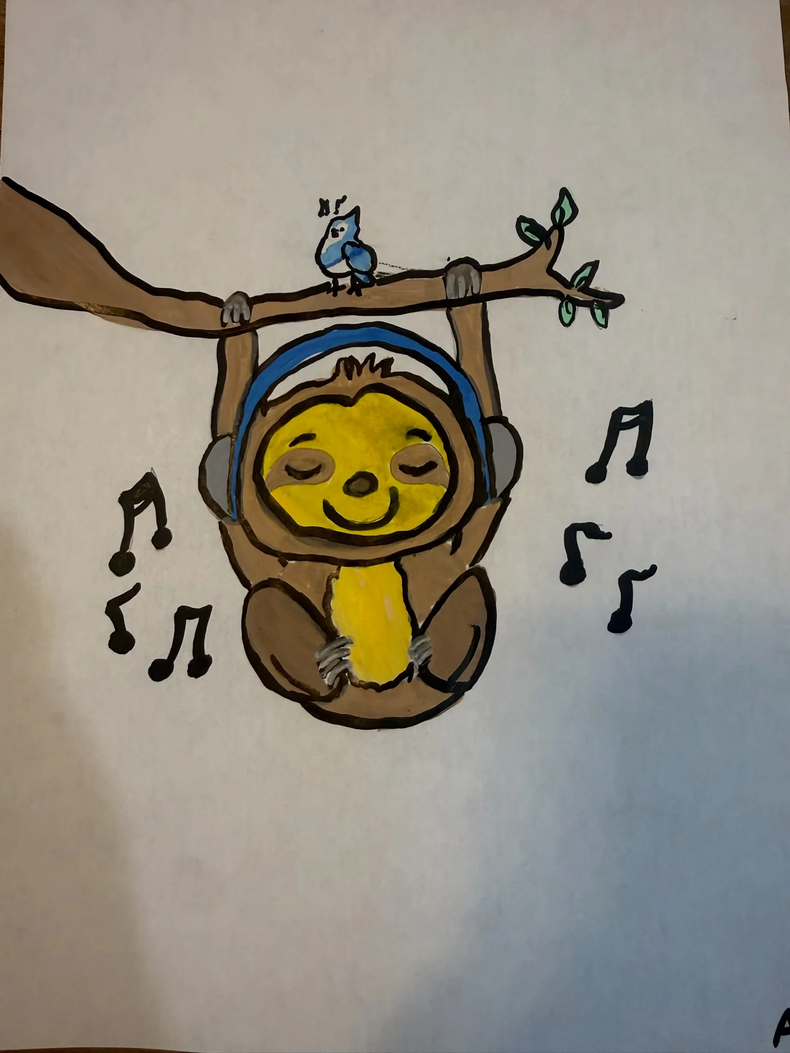 sloth listening to music — by Anne